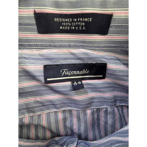 Faconnable French Cuff Dress Shirt 6/17R Blue Pink Stripe Made in USA Luxury - Picture 5 of 8